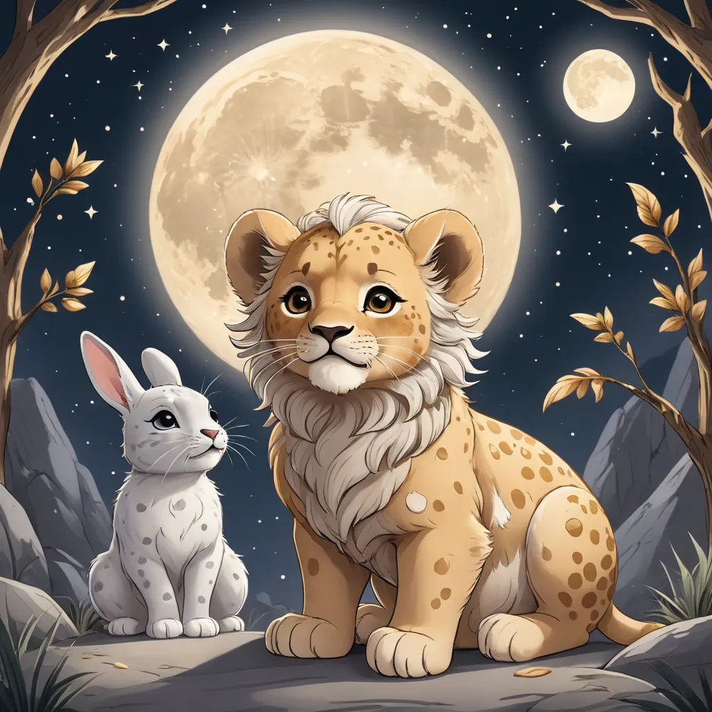 a lion and a rabbit sitting under a full moon in a forest with trees and bushes, with a full moon in the background, pop surrealism, a storybook illustration, artist, moon