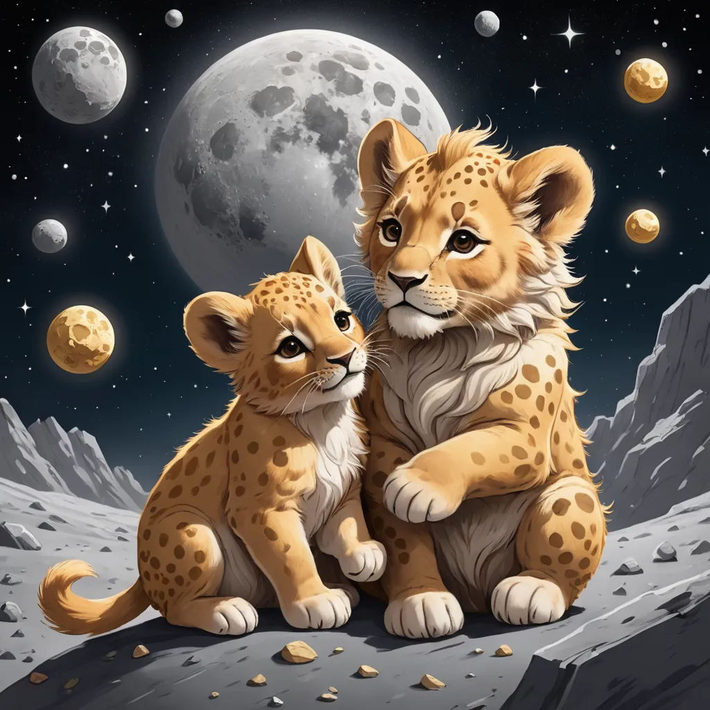 a couple of animals sitting on top of a mountain under a full moon sky with stars and planets in the background, space art, an album cover, Chris LaBrooy, trending on art station