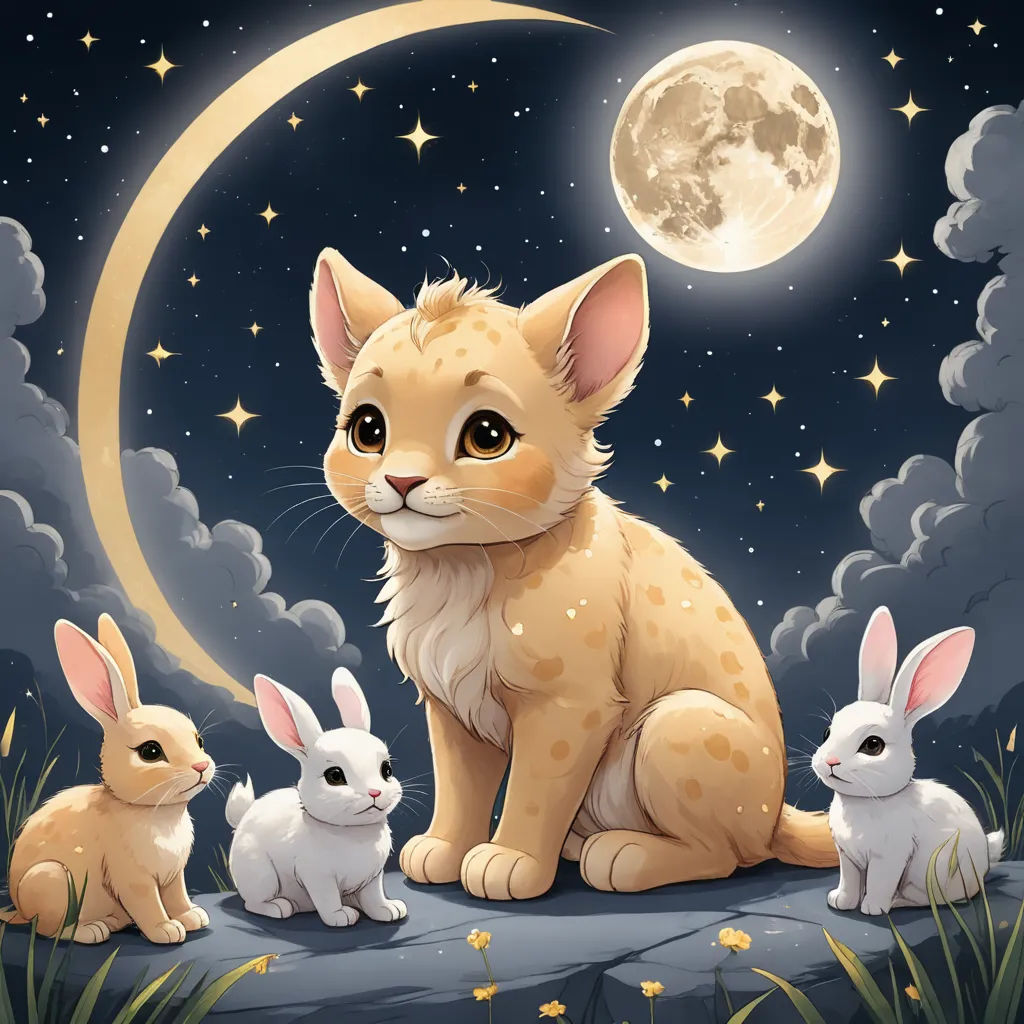 a cat and two rabbits sitting in front of a full moon and stars background with a full moon in the sky, fantasy art, a storybook illustration, artist, trending on art station