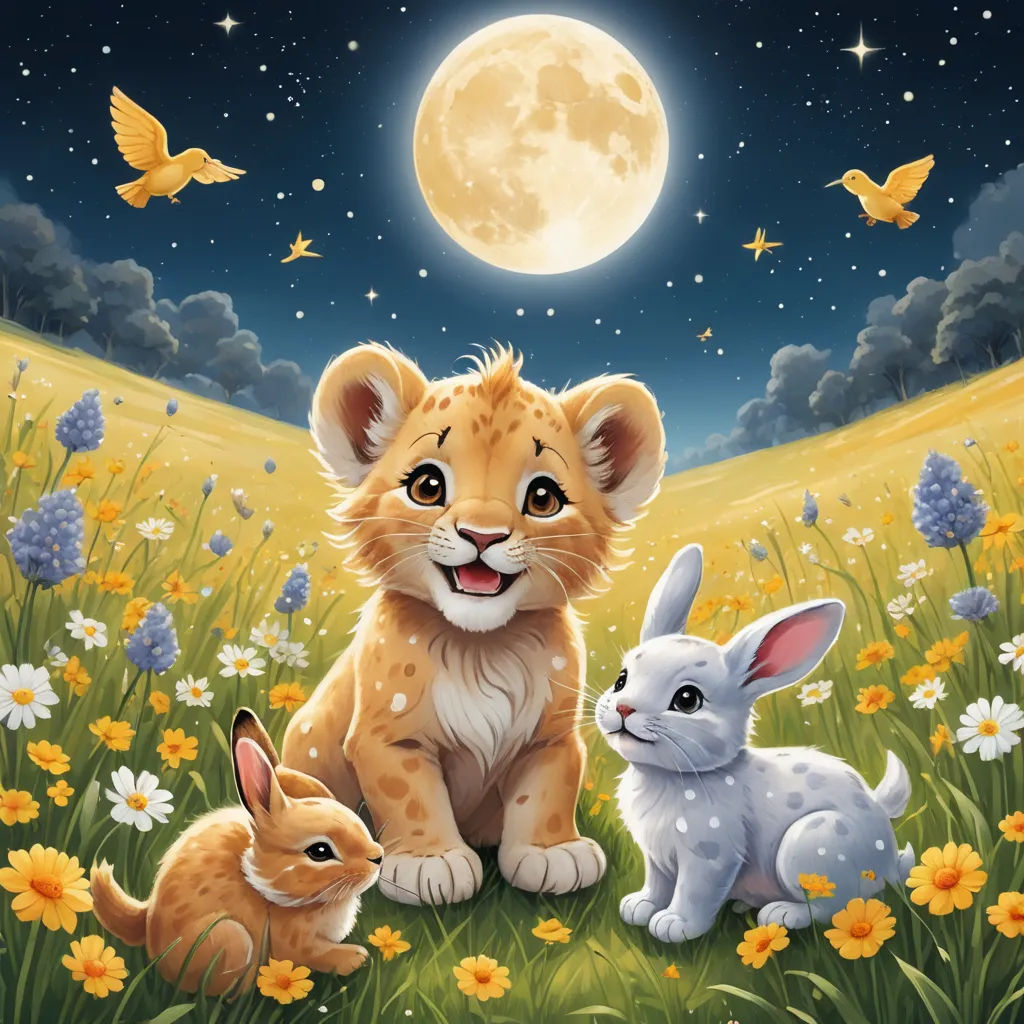 a painting of a lion and a rabbit in a field of flowers with a full moon in the background, pop surrealism, a storybook illustration, Chris LaBrooy, official art