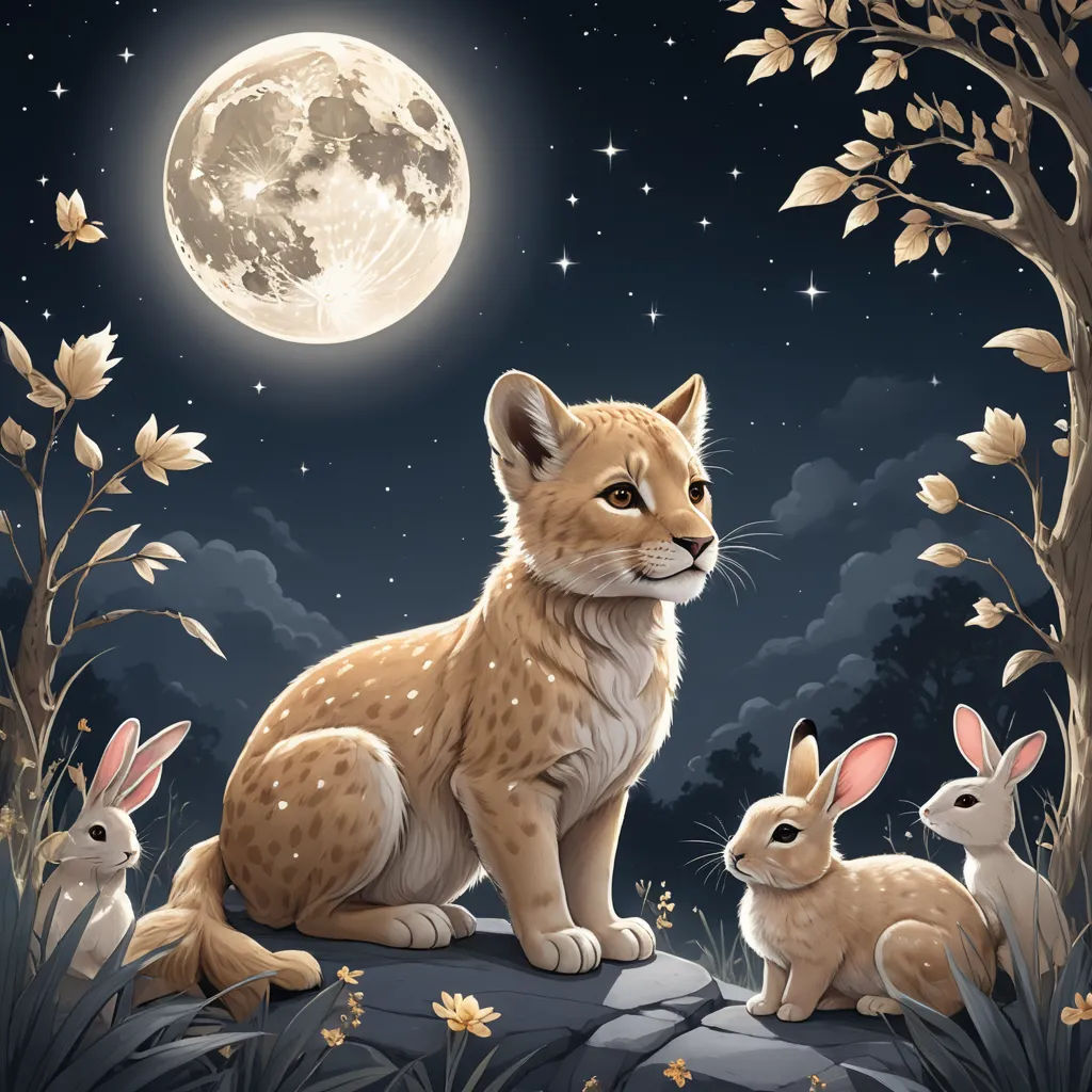 a painting of a mother lynx and her two babies under a full moon with leaves and flowers on the ground, pop surrealism, a storybook illustration, Chris LaBrooy, trending on art station