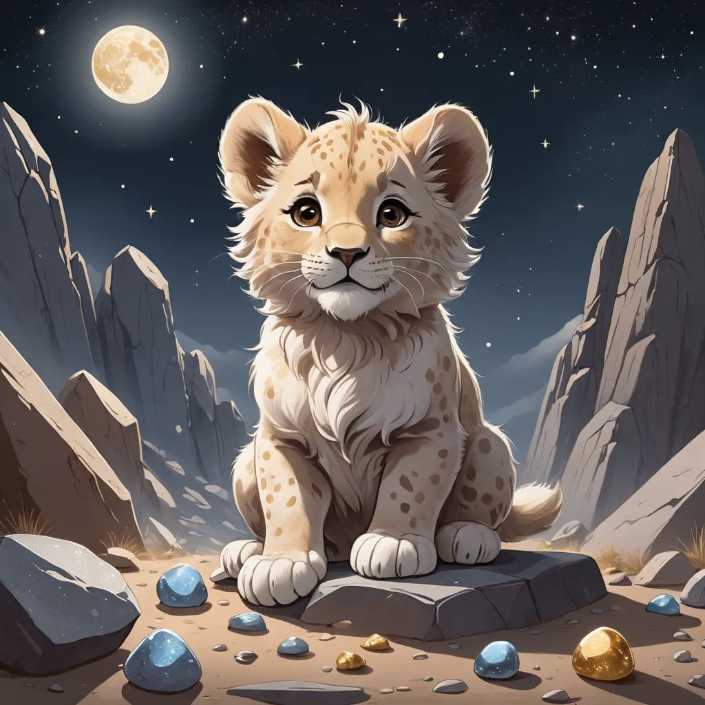 a cartoon lion cub sitting on a rock in the desert at night with a full moon in the background, fantasy art, a character portrait, Chris LaBrooy, trending on art station