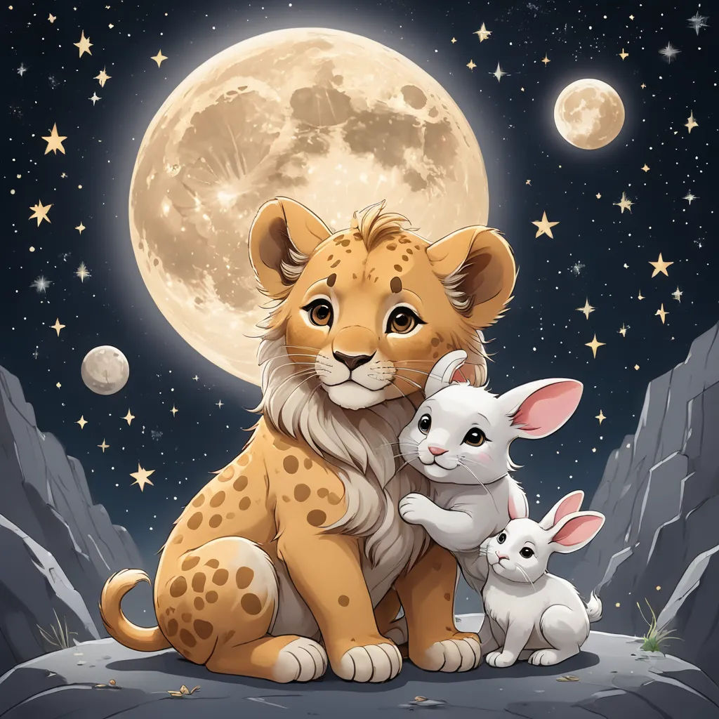 a lion and a rabbit sitting on a rock under the moon and stars illustration by alex macinne, space art, a storybook illustration, Chris LaBrooy, trending on art station