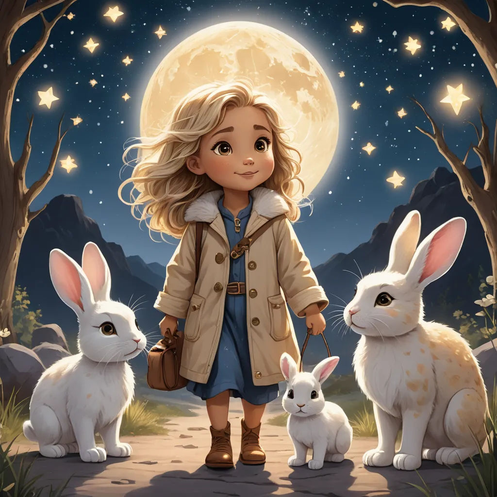 a little girl standing next to two rabbits in a forest with a full moon behind her and stars in the sky, space art, a storybook illustration, Cliff Childs, trending on art station