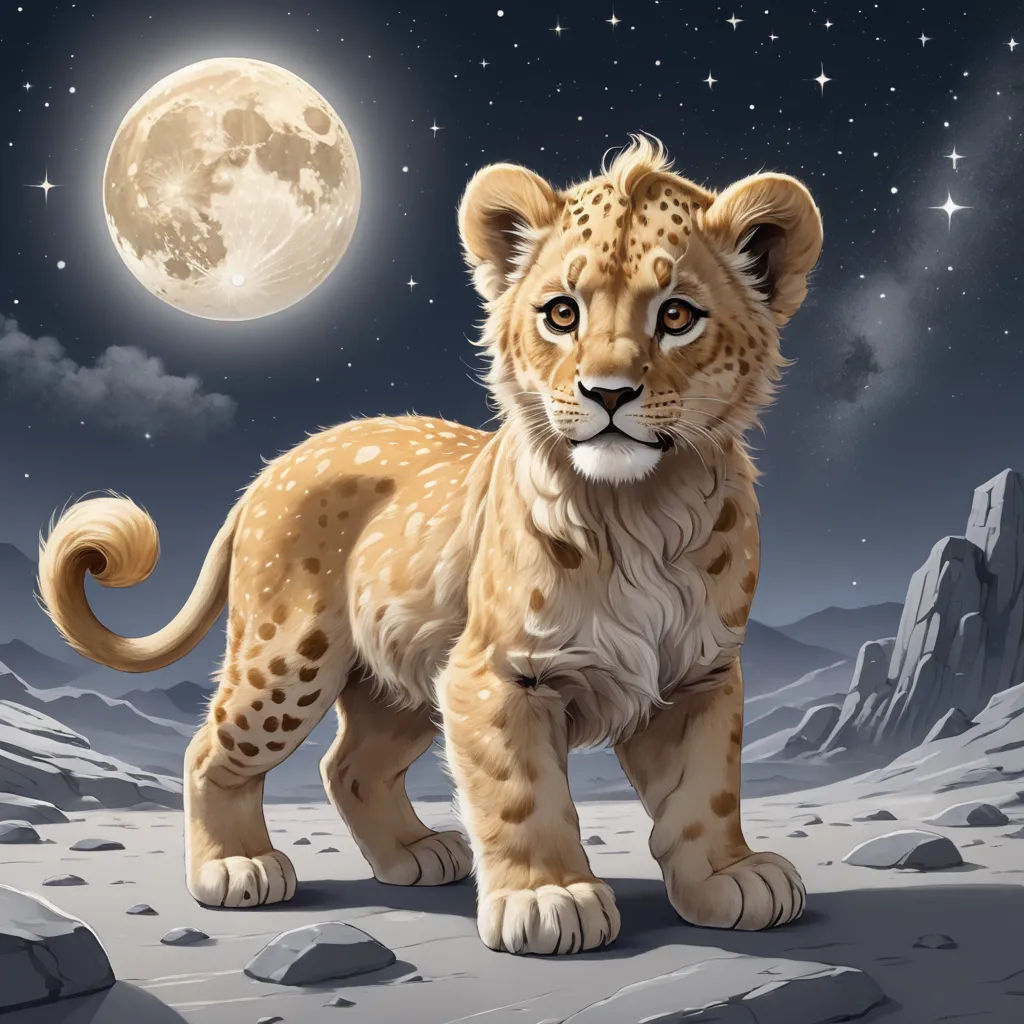 a painting of a lion standing on a rocky surface with a full moon in the background and stars in the sky, pop surrealism, a digital painting, Cyril Rolando, highly detailed digital painting