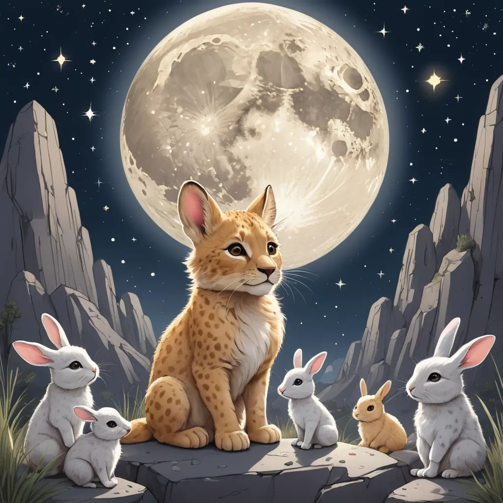 a painting of a cat and four rabbits in front of a full moon with stars and a full moon, pop surrealism, a storybook illustration, Chris LaBrooy, trending on art station