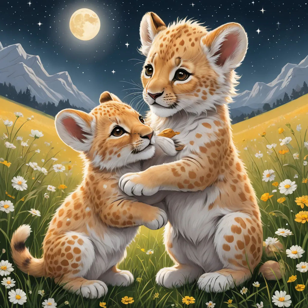 a painting of two baby cheetah cubs playing in a field of flowers with a full moon in the background, furry art, an oil painting, Brothers Hildebrandt, cute and adorable