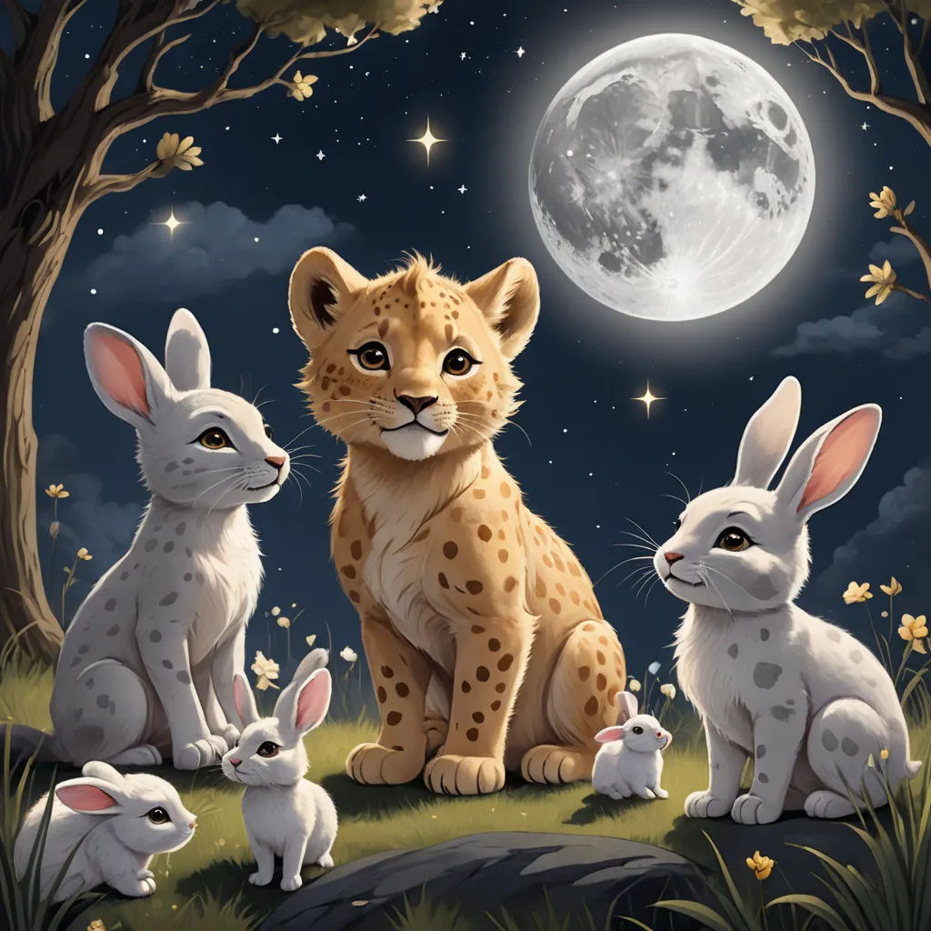 a painting of a group of rabbits and a cheetah in a forest with a full moon in the background, pop surrealism, a storybook illustration, Chris LaBrooy, trending on art station