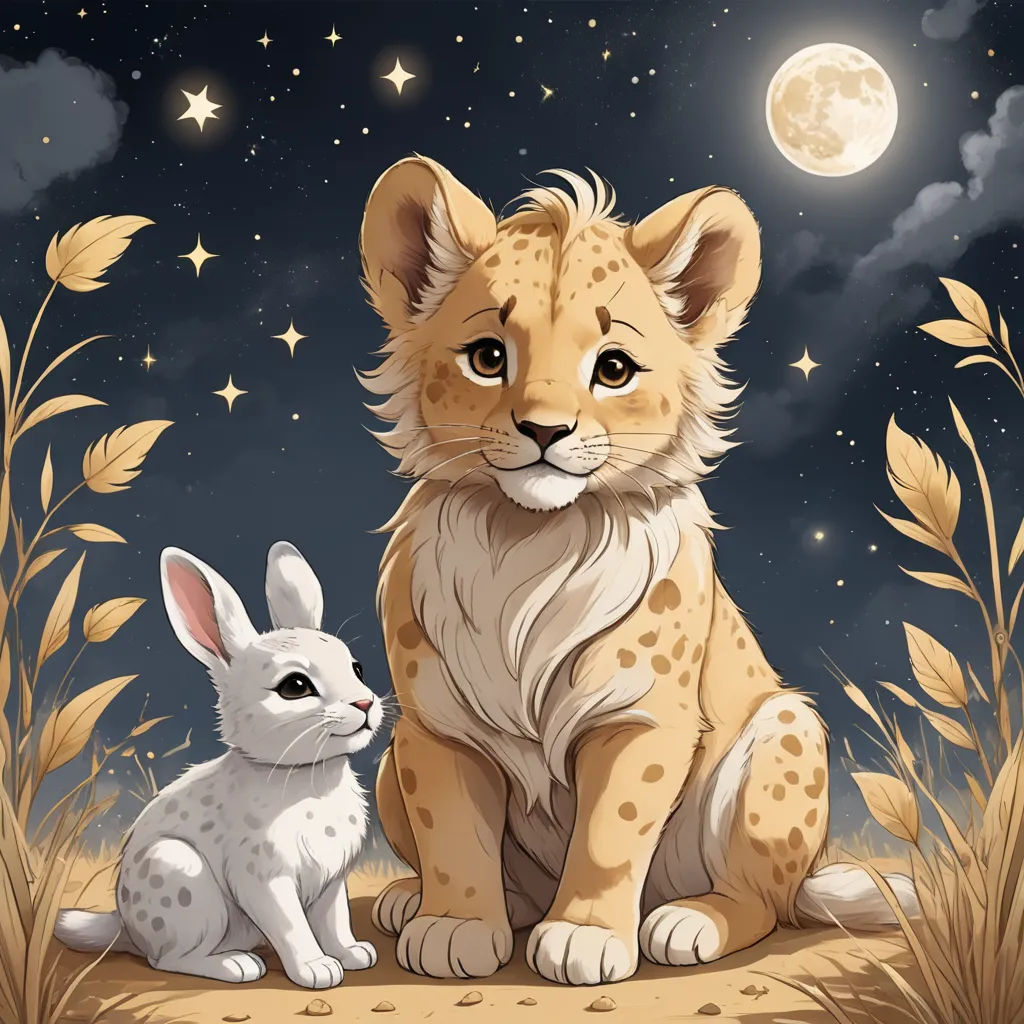 a cartoon of a lion and a rabbit sitting in the grass at night with the moon in the background, furry art, a character portrait, artist, cute and adorable