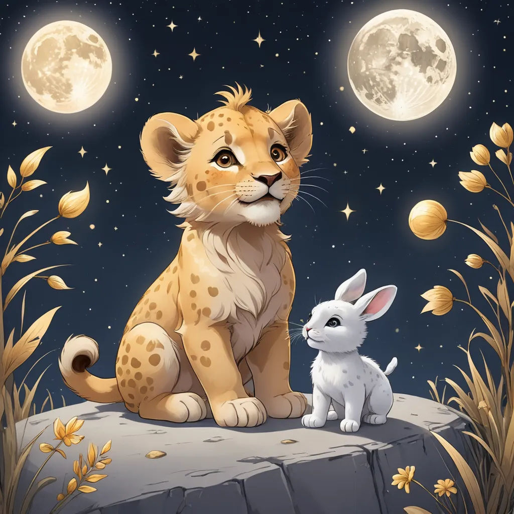 a lion and a rabbit sitting on a rock under the moonlit sky with stars and moonlit clouds, fantasy art, a storybook illustration, artist, trending on art station