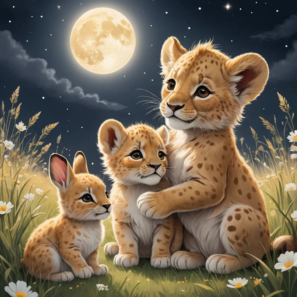a painting of two baby cheetah cubs sitting in the grass under a full moon with a full moon in the background, furry art, a storybook illustration, artist, cute and adorable
