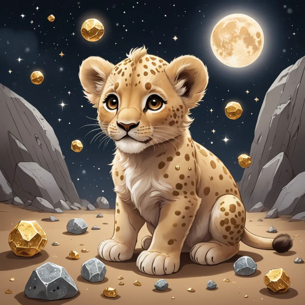 a cartoon style picture of a baby cheetah sitting on a rock with gold nuggets around it, pop surrealism, a character portrait, Chris LaBrooy, official art