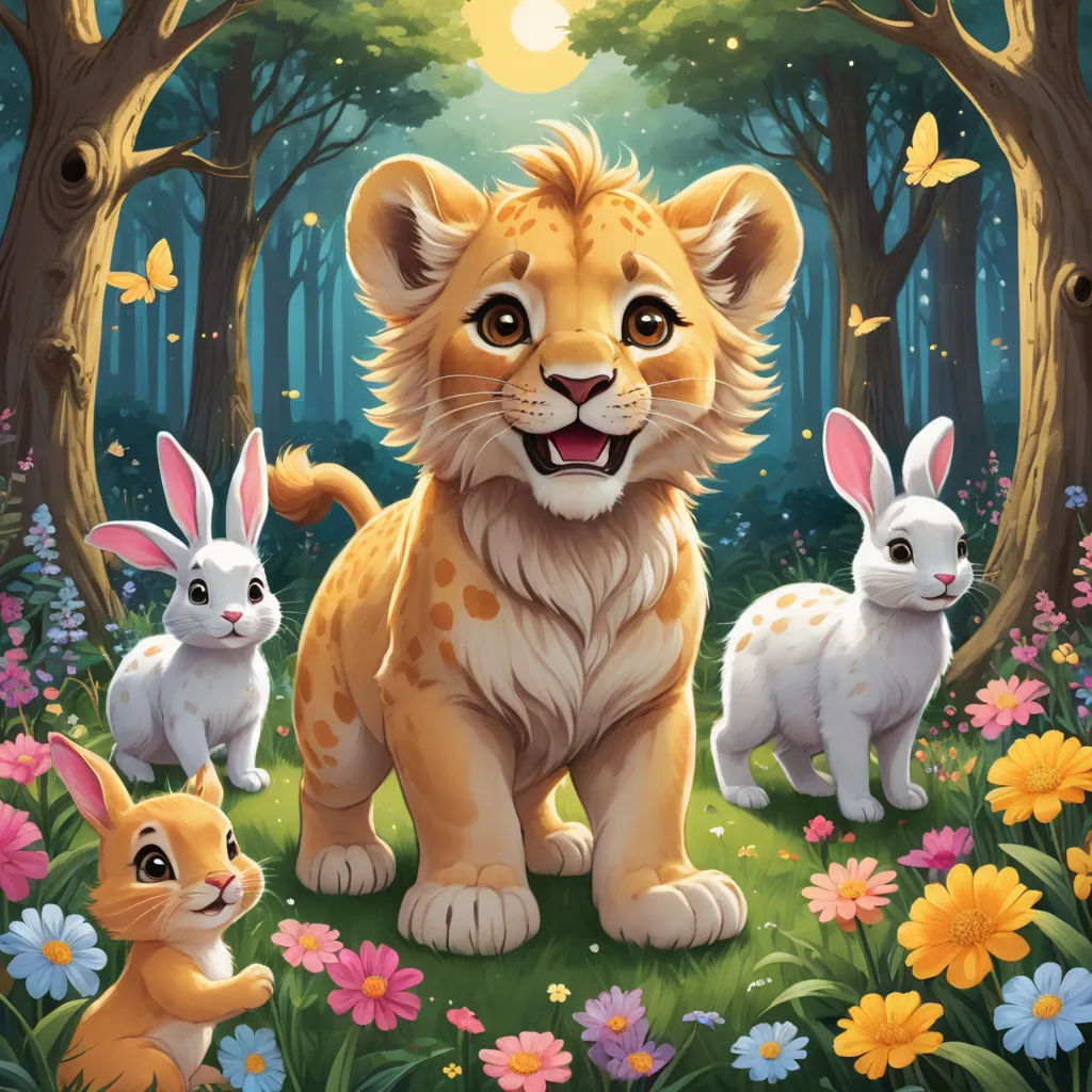 a painting of a lion and two rabbits in a forest with flowers and butterflies around it, with a full moon in the background, furry art, a storybook illustration, Chris LaBrooy, official art