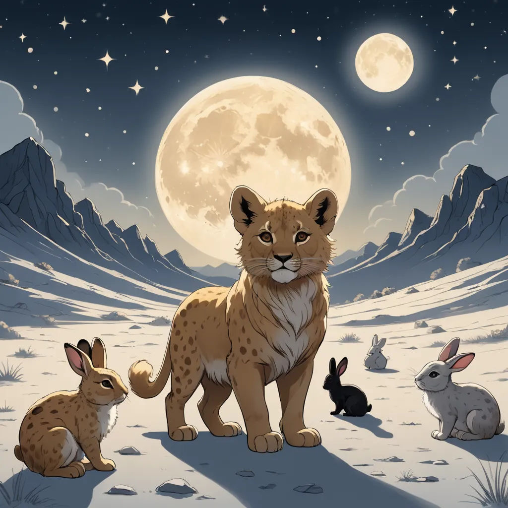 a painting of a lion and two rabbits in the snow with a full moon in the background and stars in the sky, pop surrealism, an album cover, Amir Zand, trending on art station