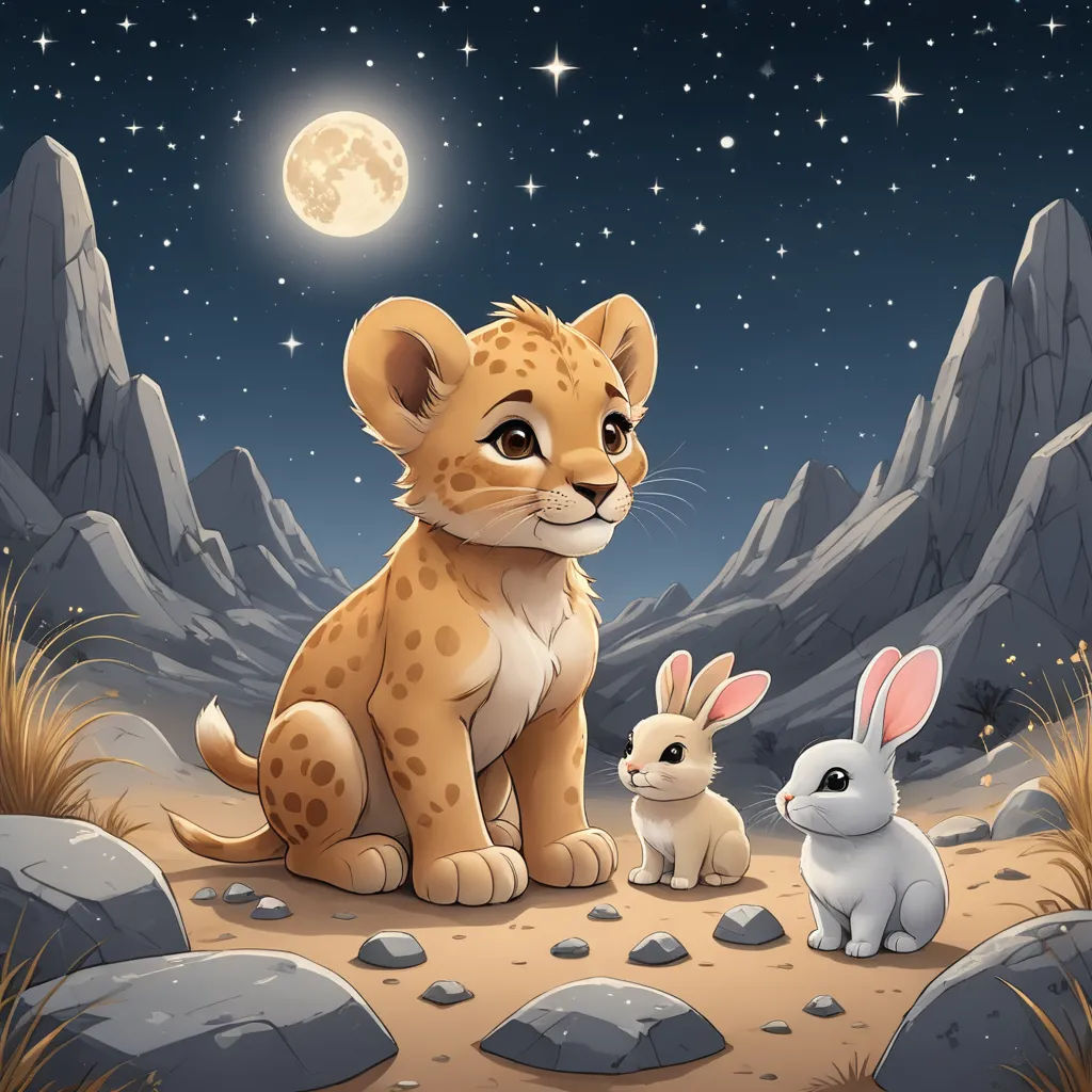 a lion and two rabbits sitting on a rocky hill under a full moon and stars sky with a full moon behind them, furry art, a storybook illustration, Chris LaBrooy, trending on art station