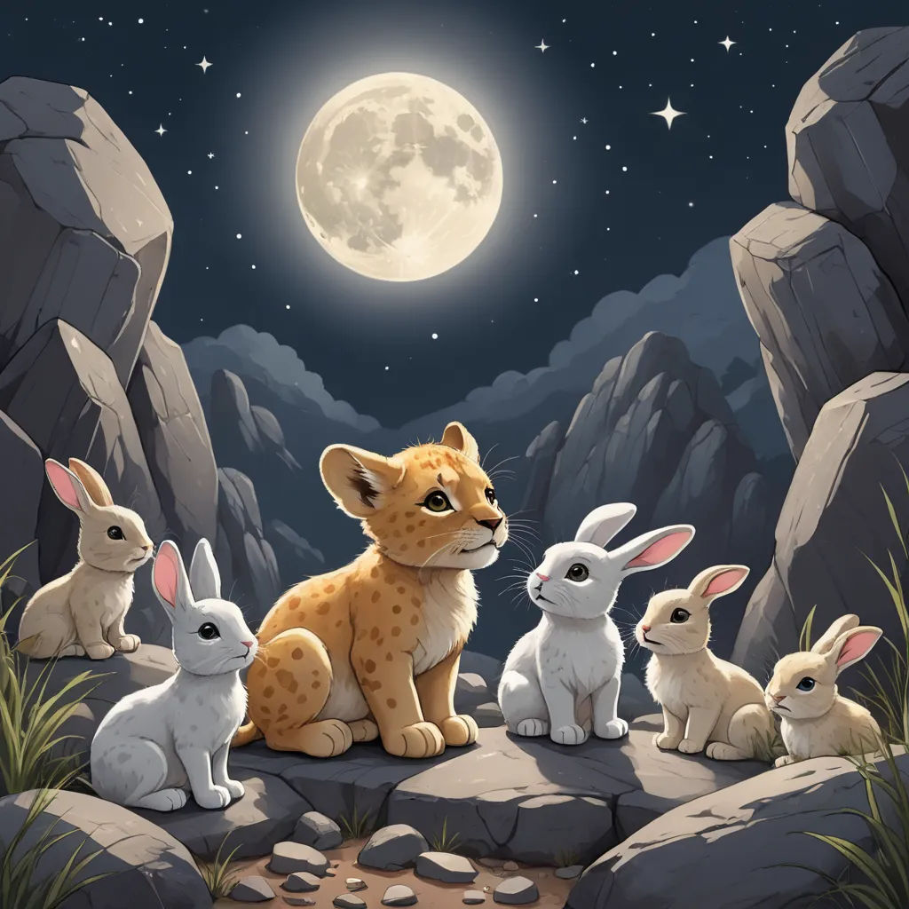 a group of rabbits sitting on a rock under a full moon sky with a full moon in the background, pop surrealism, a storybook illustration, Don Bluth, storybook illustration