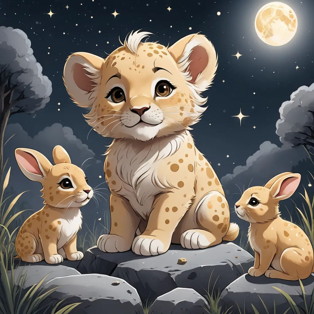 a couple of animals sitting on top of a rock under a full moon sky with stars and clouds above, pop surrealism, a storybook illustration, Don Bluth, cute and adorable