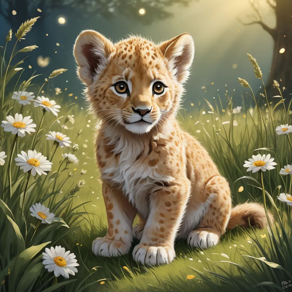 a painting of a baby lion sitting in a field of daisies and daisies in the background is a tree, furry art, a digital painting, Daniel Lieske, trending on art station