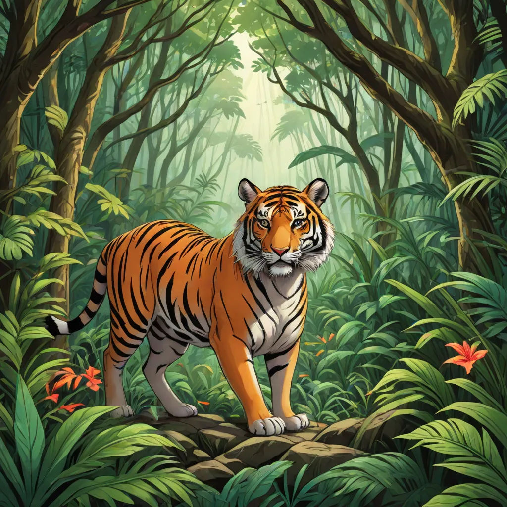 a tiger standing in the middle of a jungle with trees and flowers around it and a bright light coming from behind it, bengal school of art, an album cover, Chris LaBrooy, promotional image
