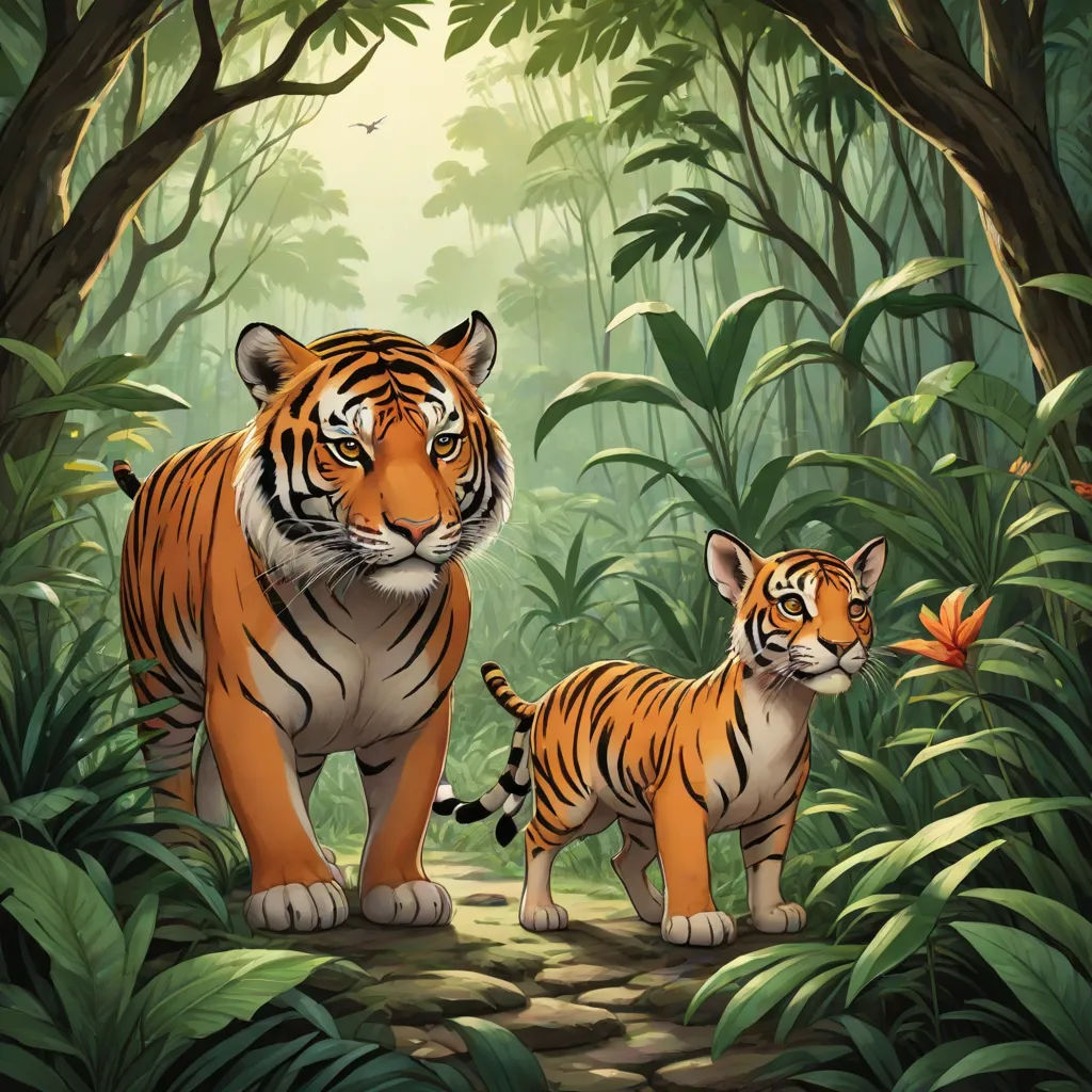 a tiger and cub in a jungle setting with a butterfly flying overhead in the background, and a bird in the foreground, furry art, a storybook illustration, Brothers Hildebrandt, official art
