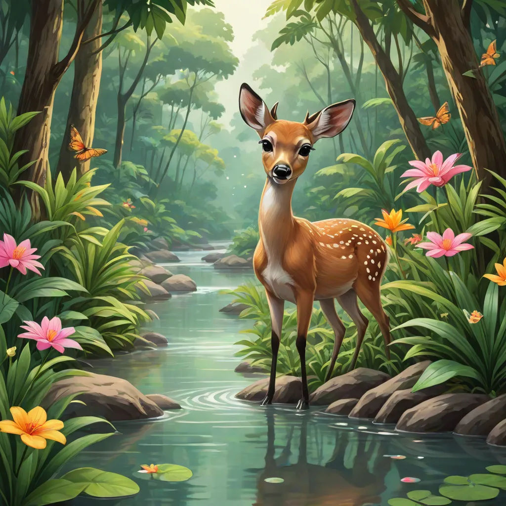 a deer standing in a forest next to a river with flowers and butterflies around it and a stream running through it, magic realism, a storybook illustration, Chris LaBrooy, nature