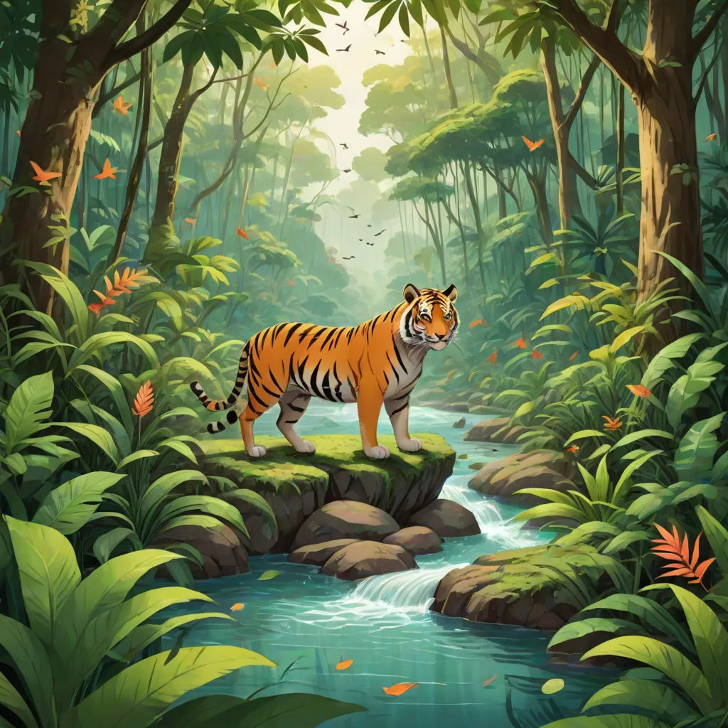 a tiger standing on a rock in a jungle with a stream of water and butterflies flying around it,, fantasy art, a storybook illustration, Chris LaBrooy, official art