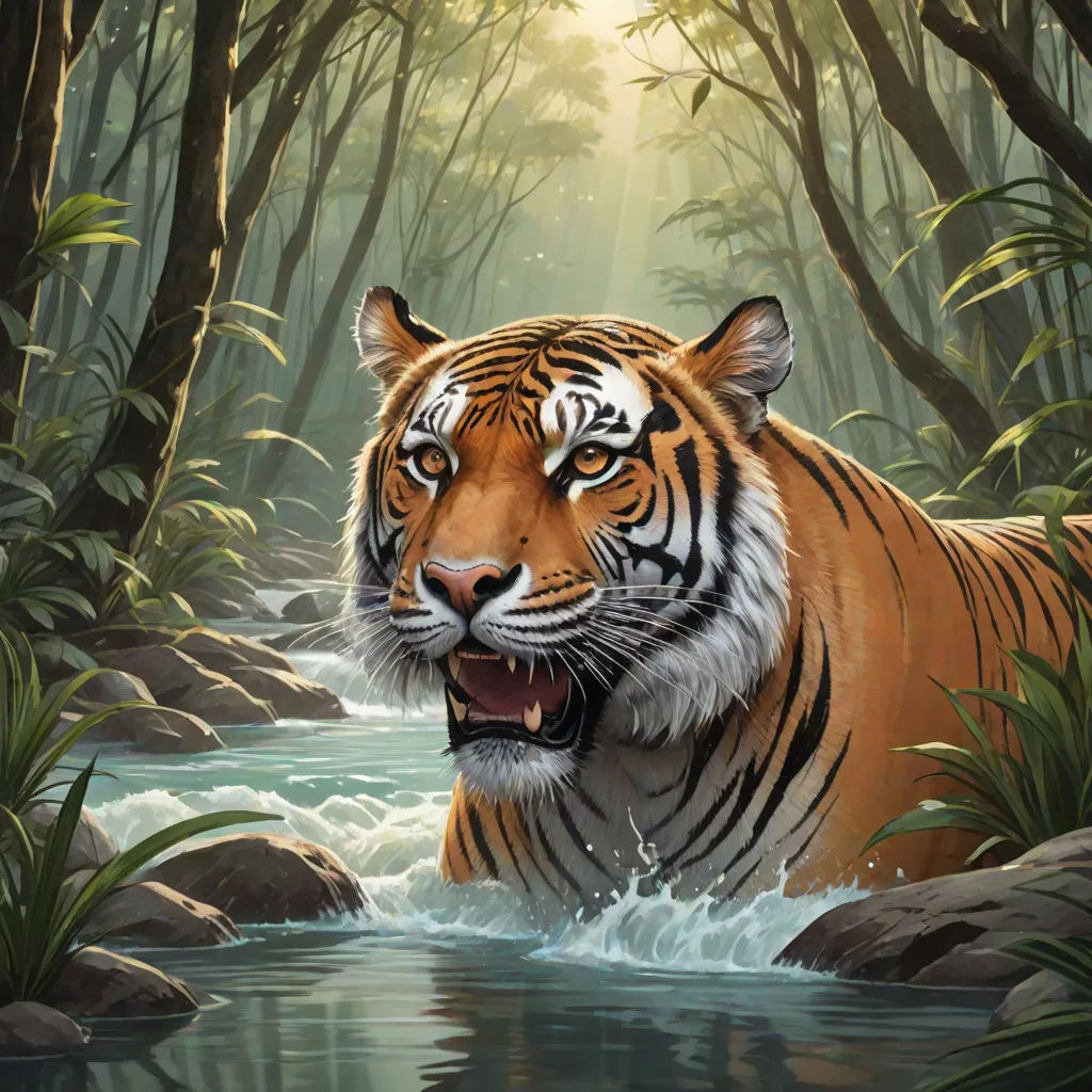 a tiger is walking through a river in the jungle with its mouth open and tongue out, with a sunbeam in the background, fantasy art, an oil painting, Brom, highly detailed digital painting