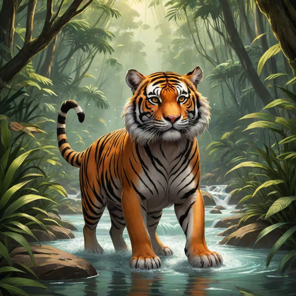 a tiger is standing in a stream of water in a jungle setting with trees and rocks and a stream of water, furry art, an airbrush painting, Anne Stokes, highly detailed digital painting