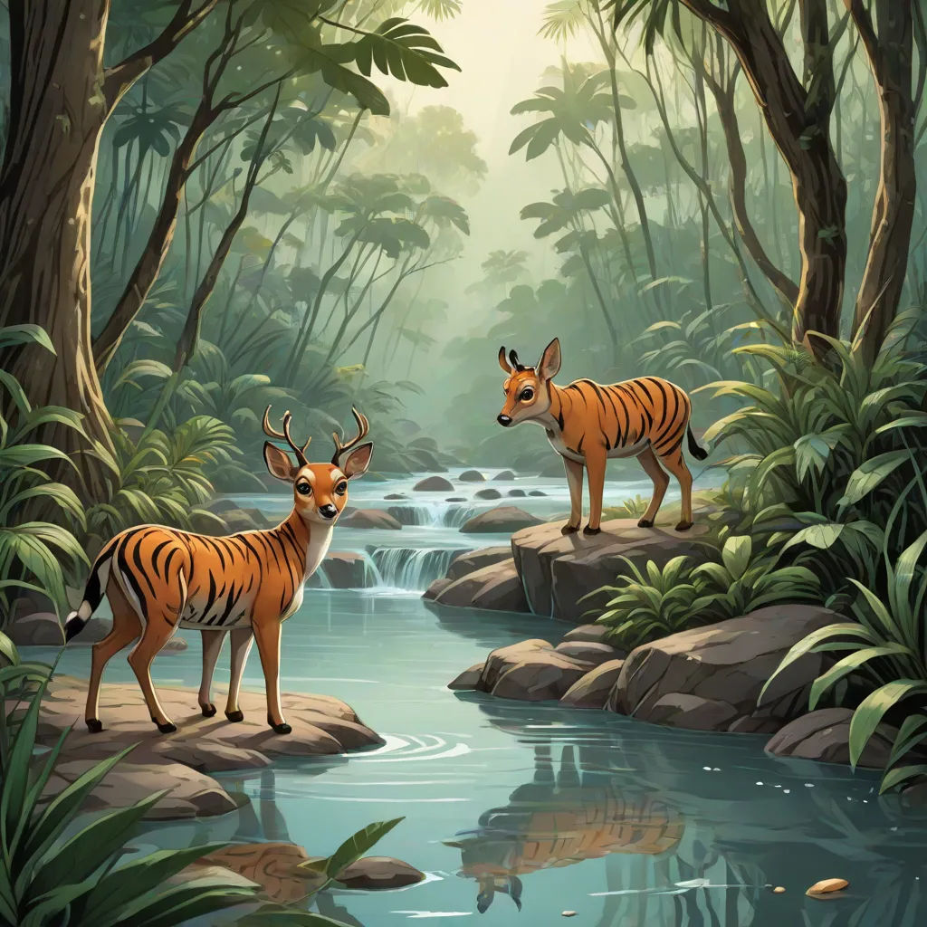 two deer standing on a rock in a forest next to a river with a waterfall and a forest background, naturalism, a storybook illustration, Chris LaBrooy, jungle