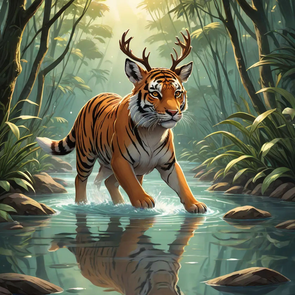 a tiger walking through a river surrounded by trees and rocks with a sunbeam in the background and a reflection of its face, fantasy art, a storybook illustration, Cyril Rolando, magic the gathering artwork