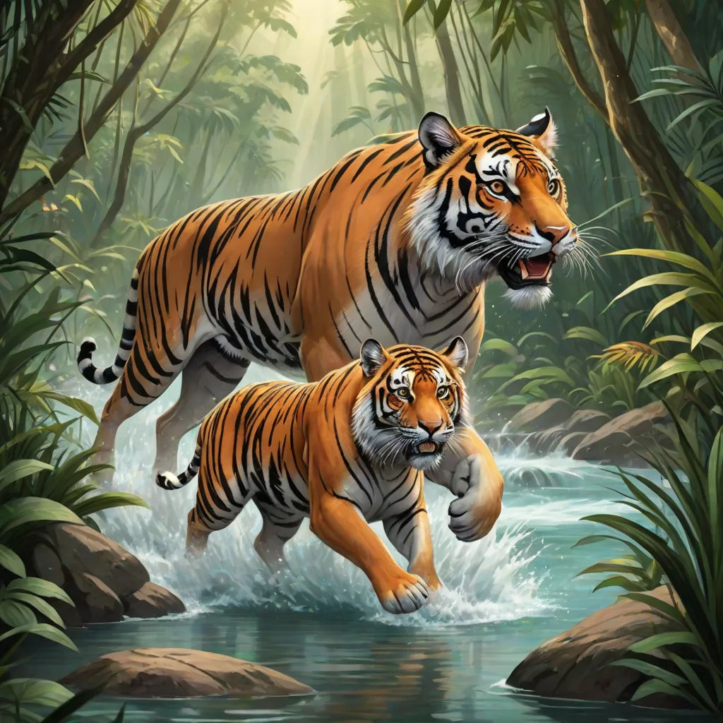 two tigers crossing a river in a jungle setting with trees and rocks in the background, with sunlight streaming through the trees, furry art, a storybook illustration, Brothers Hildebrandt, highly detailed digital painting