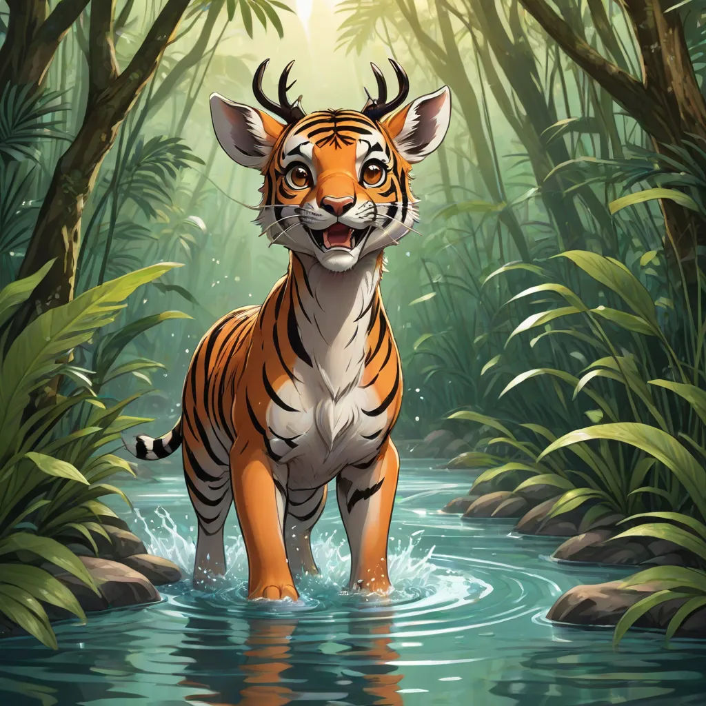 a tiger is standing in a river surrounded by trees and plants and a sunbeams background is reflected in the water, furry art, a storybook illustration, Chris LaBrooy, official art