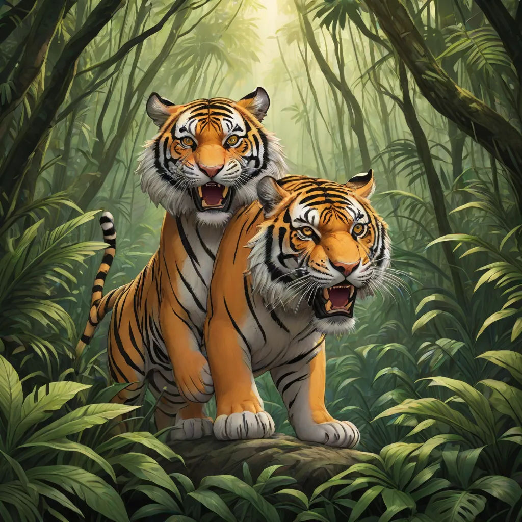 two tigers standing in a jungle with their mouths open and their mouths open, with the background of trees and foliage, furry art, an oil painting, Brothers Hildebrandt, highly detailed digital painting