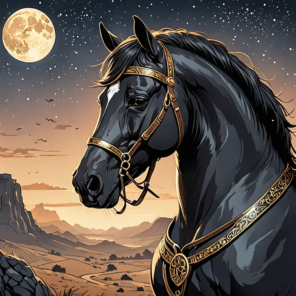 a horse with a golden bridle and a full moon in the background is shown in this digital painting, fantasy art, a comic book panel, Altoon Sultan, western comic book art