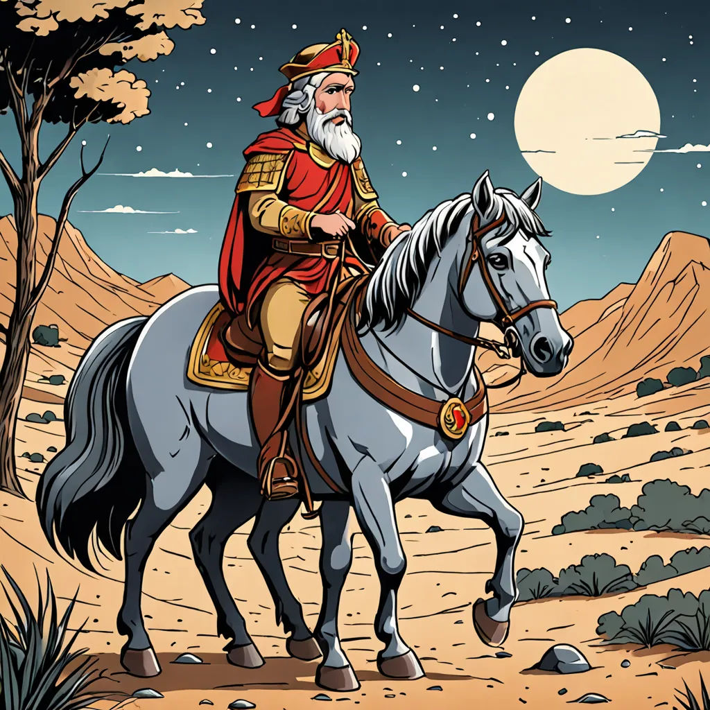 a man riding on the back of a white horse in a desert area at night with a full moon, qajar art, a storybook illustration, Altoon Sultan, high detail illustration