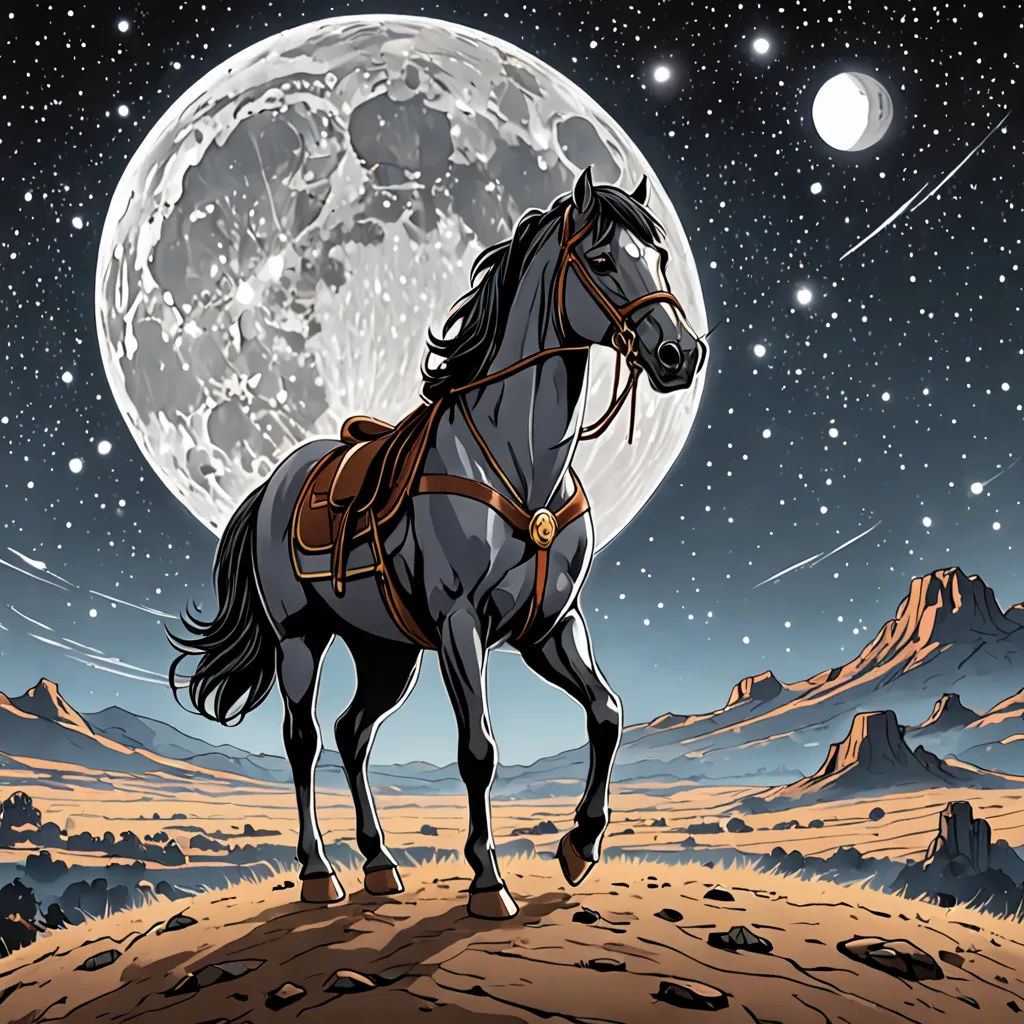 a horse with a saddle standing on a hill in front of a full moon and stars in the sky, space art, poster art, Dan Mumford, western comic book art