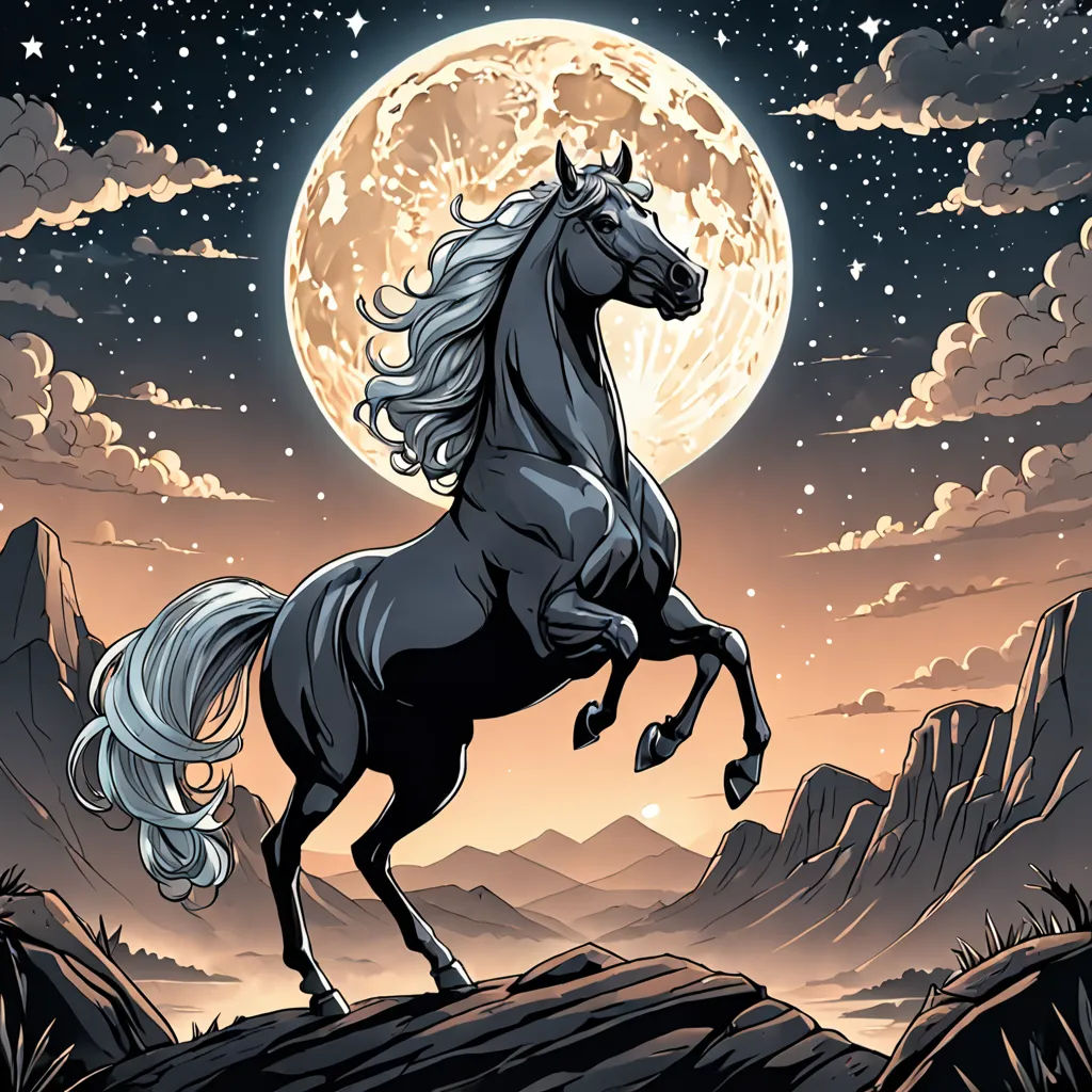 a horse is standing on its hind legs in front of a full moon and mountains with clouds and stars, fantasy art, an album cover, Dan Mumford, comic cover art