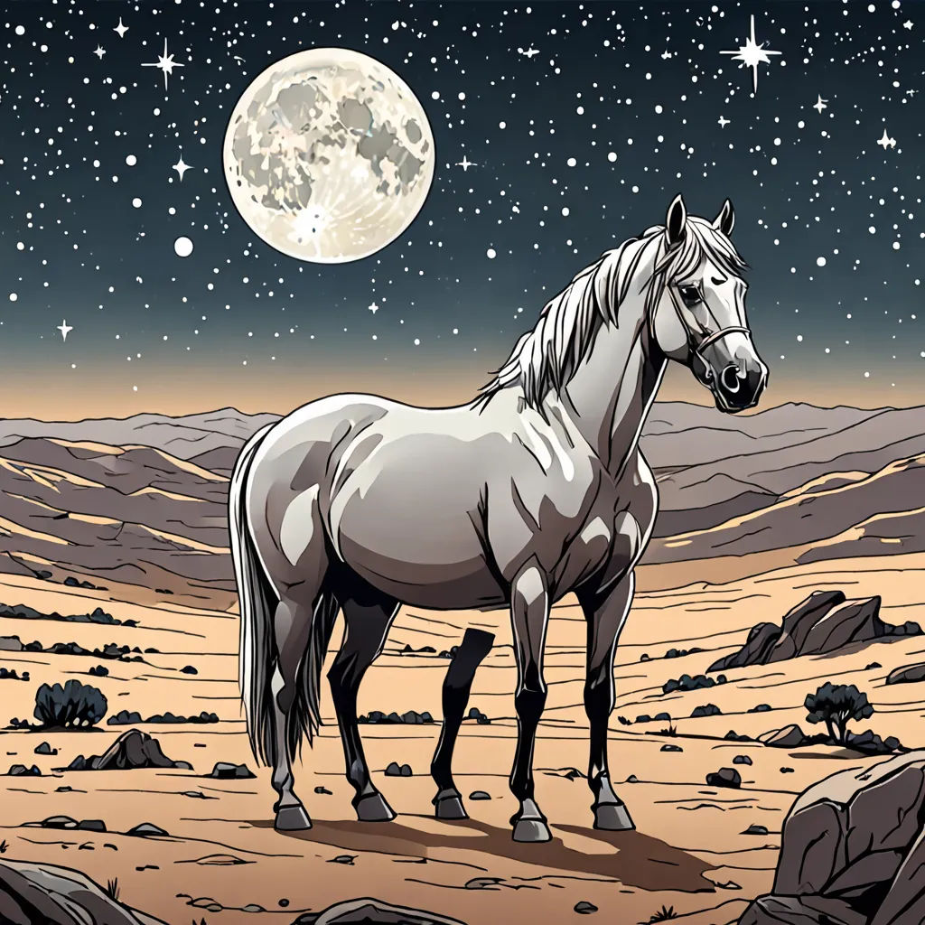 a horse standing in a desert with a full moon in the background and stars in the sky above it, space art, an album cover, Chris LaBrooy, detailed illustration