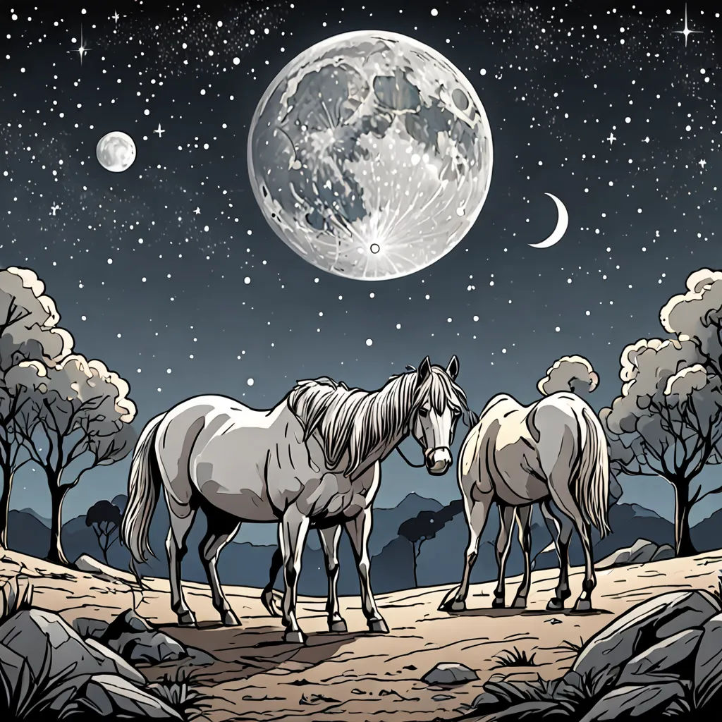 two horses standing in a field under a full moon and stars sky with trees and rocks in the foreground, magical realism, a storybook illustration, Dan Mumford, detailed illustration