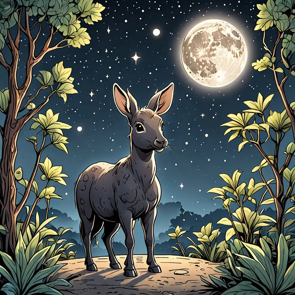 a deer standing on a dirt road under a full moon and stars filled sky with trees and bushes around it, naturalism, a storybook illustration, Amédée Ozenfant, promotional image