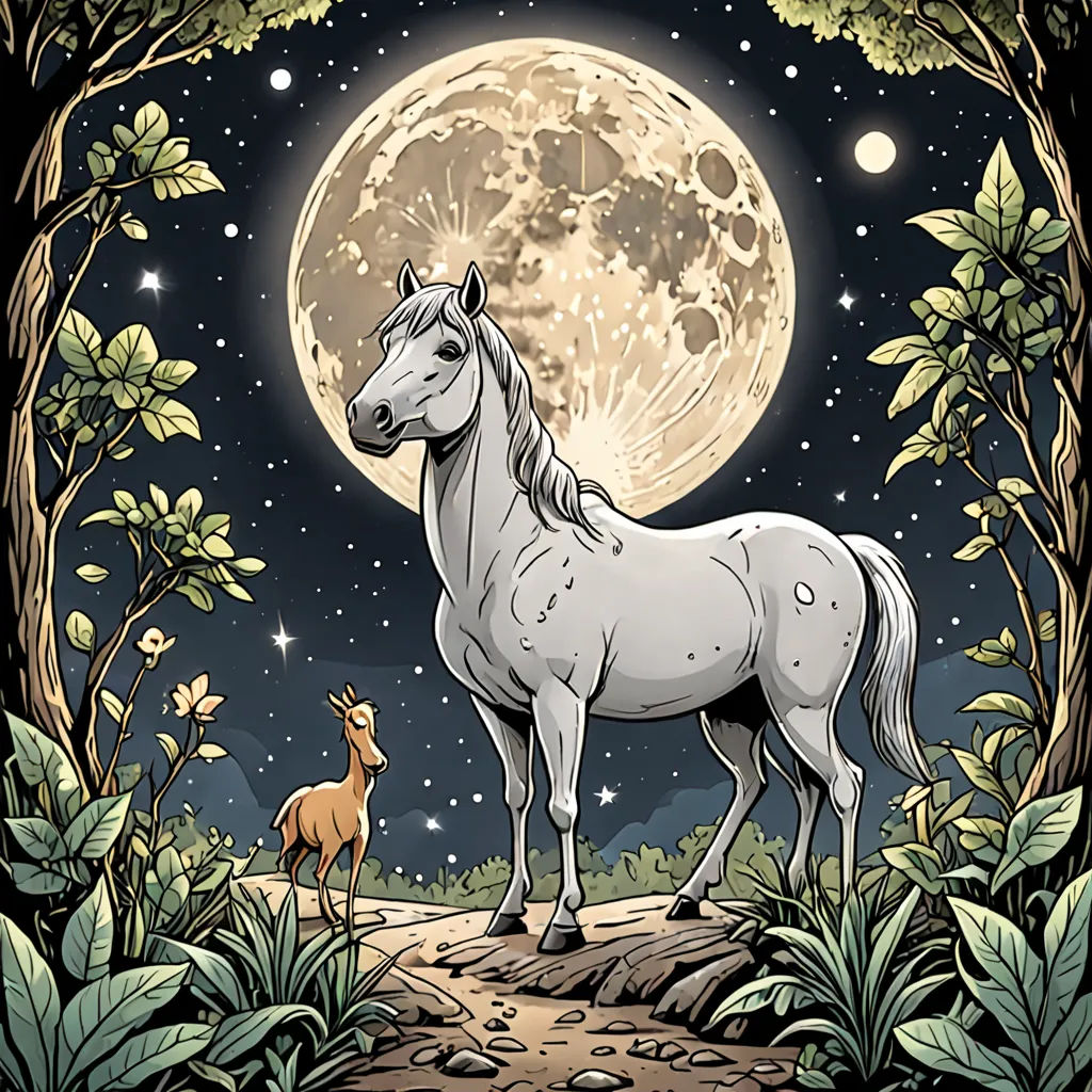 a horse and a deer standing in the woods under a full moon with leaves and trees around it, with a deer looking at the moon, pop surrealism, a storybook illustration, Chris LaBrooy, storybook illustration