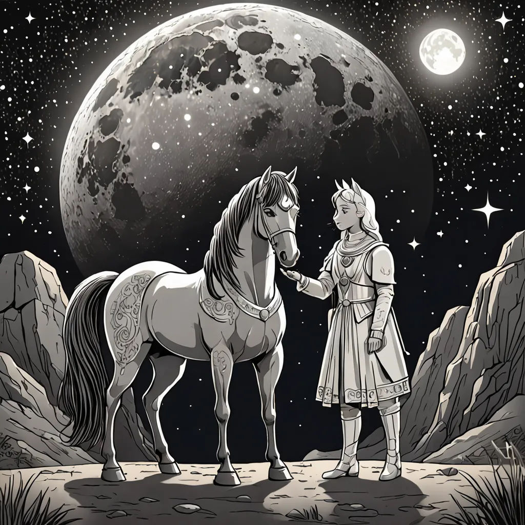a woman standing next to a horse in front of a full moon and stars sky with a full moon behind her, fantasy art, a storybook illustration, Farel Dalrymple, comic cover art