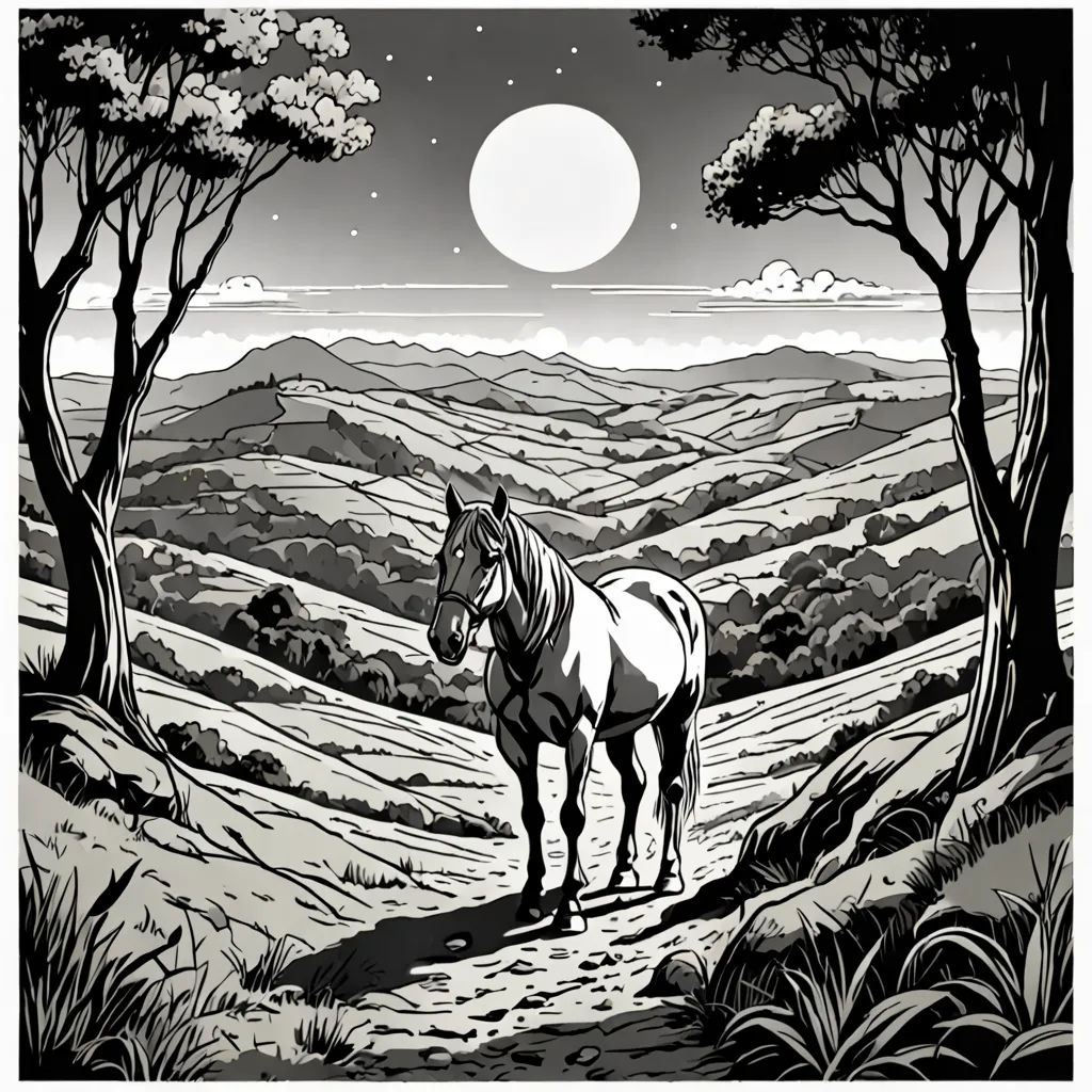a horse standing in a field with trees and hills in the background at night time with the moon in the sky, magical realism, a storybook illustration, Dan Mumford, western comic book art