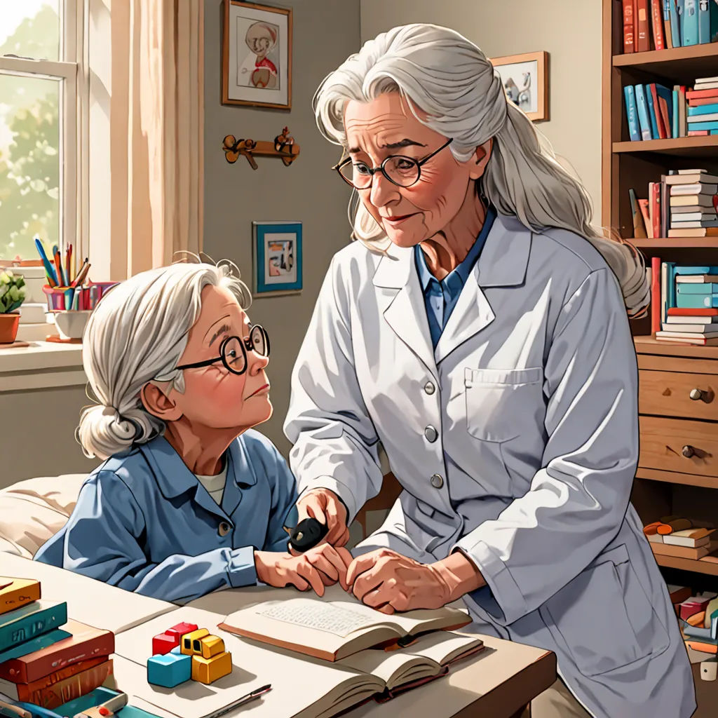 a woman in a lab coat is talking to a child at a desk with books on it and a bookcase, american scene painting, a storybook illustration, Aaron Jasinski, storybook illustration