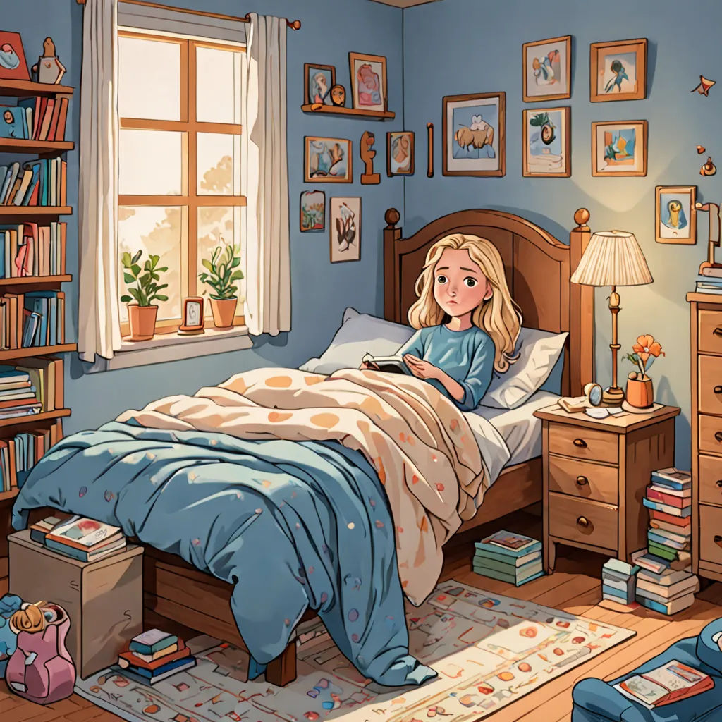 a cartoon girl is sitting on a bed in a bedroom with a bookcase and a window with a view of the outside, context art, a storybook illustration, Cliff Childs, storybook illustration
