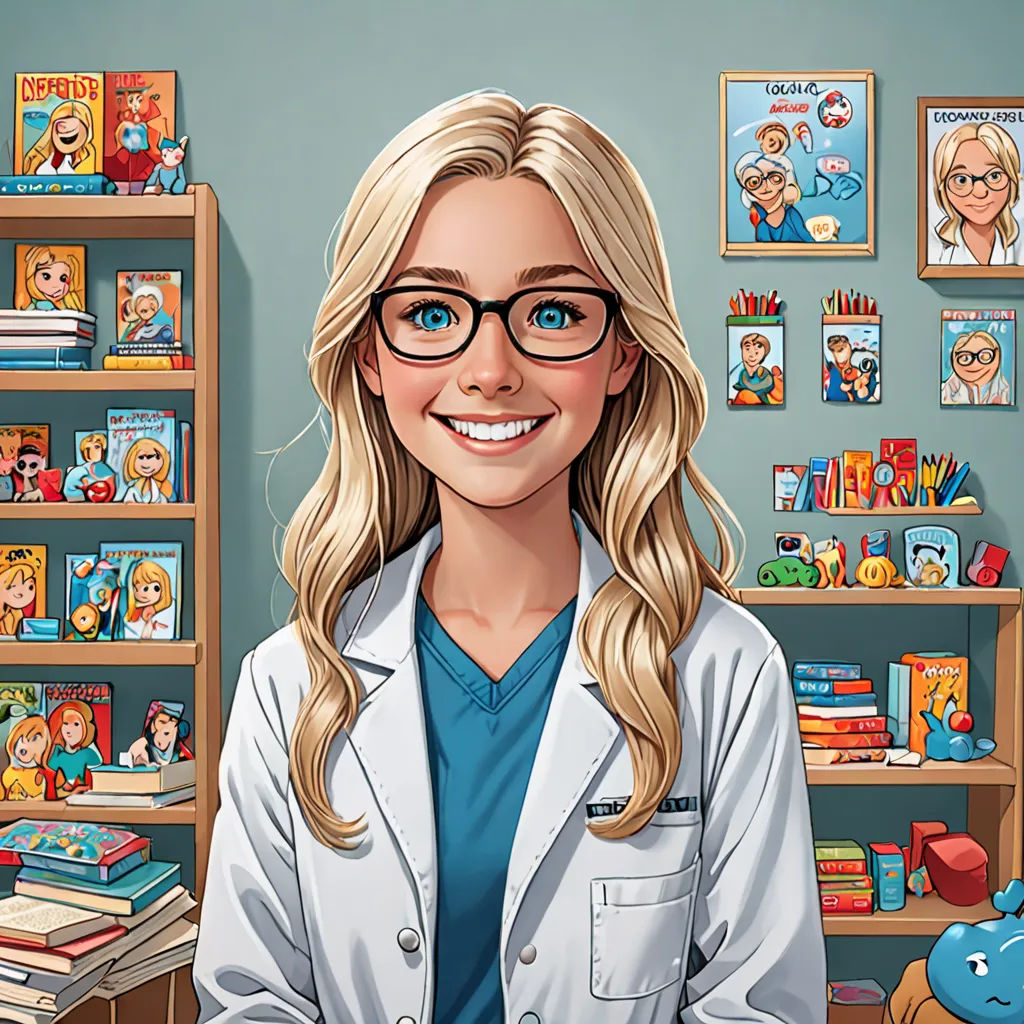 a cartoon of a woman in a doctor's coat and glasses in front of a bookshelf, neoplasticism, a storybook illustration, Doc Hammer, character portrait