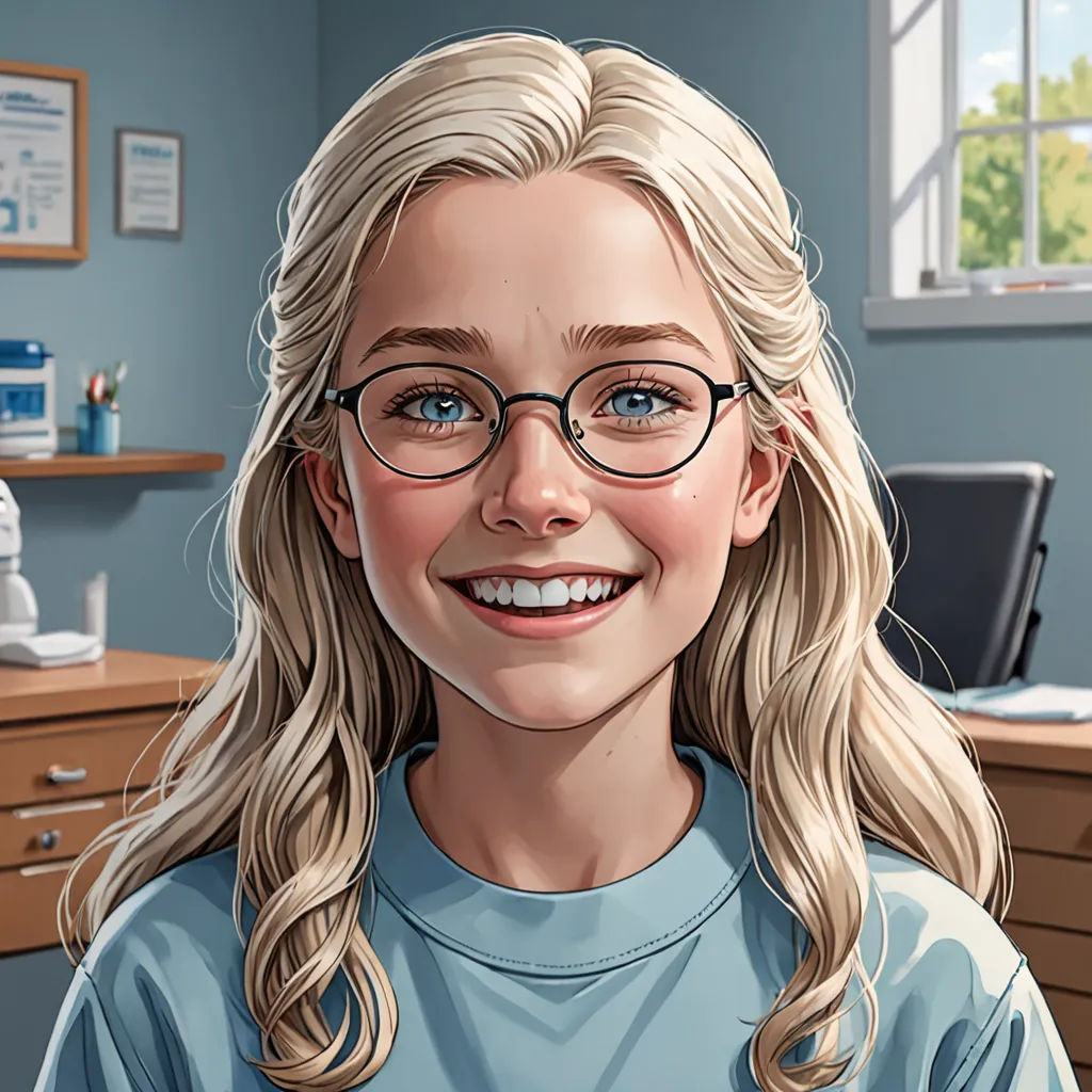 a cartoon of a blonde girl with glasses smiling at the camera, with a blue shirt on and a computer desk in the background, american scene painting, a character portrait, Doc Hammer, character portrait