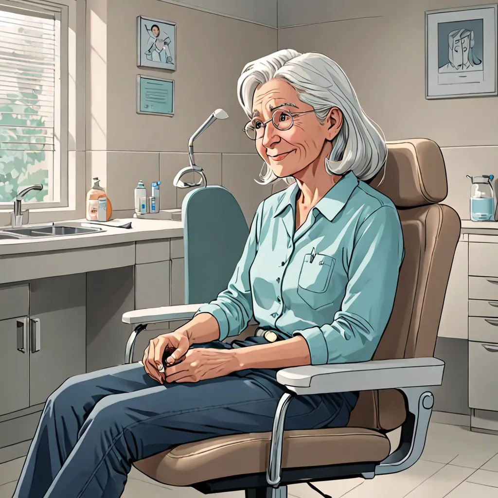 a woman sitting in a chair in a dental office with a sink and a window in the background and a sink in the foreground, photorealism, a storybook illustration, Eugeen Van Mieghem, ultra realistic illustration