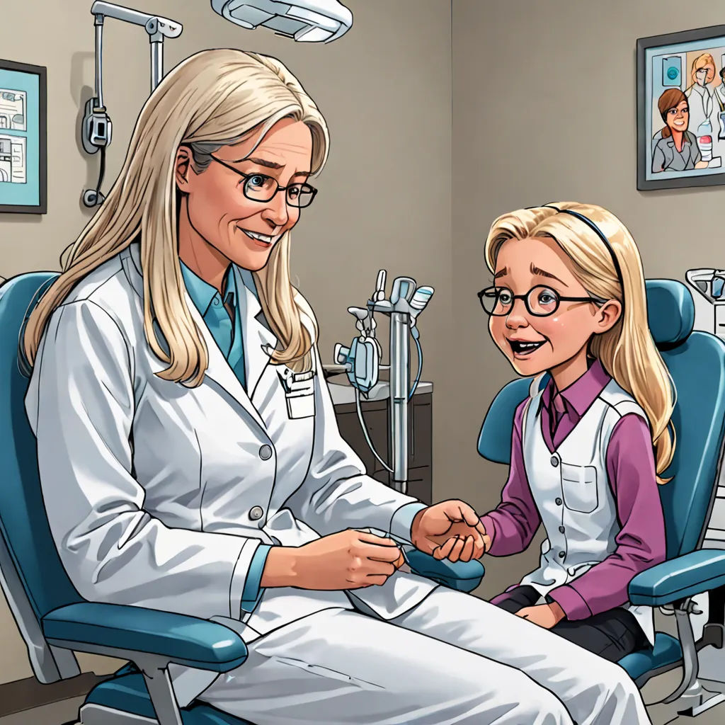 a cartoon of a woman in a dentist chair shaking hands with a young girl in a chair with a toothbrush, american scene painting, a comic book panel, Doc Hammer, comic cover art