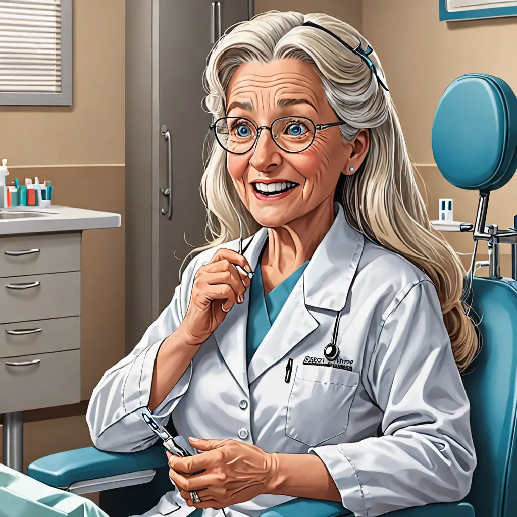 a cartoon of a woman in a dentist chair holding a toothbrush in her hand and smiling at the camera, american scene painting, a storybook illustration, Doc Hammer, high detail illustration